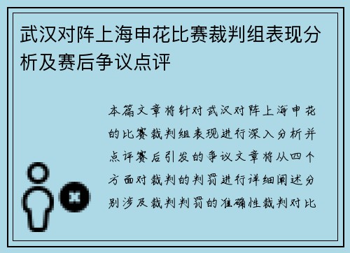 武汉对阵上海申花比赛裁判组表现分析及赛后争议点评